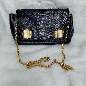 Bodhi Vintage Black Leather Evening shoulder Bag with Gold tone Chain strap